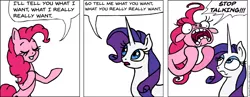 Size: 922x356 | Tagged: safe, artist:gingerfoxy, derpibooru import, pinkie pie, rarity, earth pony, pony, unicorn, pony comic generator, comic, duo, faic, female, mare, regular show, simple background, singing, song reference, speech bubble, spice girls, wannabe, white background, yelling