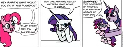 Size: 926x357 | Tagged: safe, artist:gingerfoxy, derpibooru import, pinkie pie, rarity, twilight sparkle, earth pony, pony, unicorn, pony comic generator, annoyed, comic, david bowie, female, filly, foal, lmfao, magical lesbian spawn, mare, mutant, offspring, parent:pinkie pie, parent:rarity, parents:raripie, party rock anthem (lmfao feat. lauren bennett & goonrock), simple background, singing, song reference, speech bubble, white background