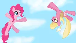 Size: 1024x586 | Tagged: safe, artist:brokenhero0409, derpibooru import, lily, lily valley, pinkie pie, earth pony, pony, cute, diapinkes, female, lilybetes, sky, skydiving, upside down