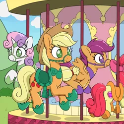 Size: 2000x2000 | Tagged: safe, artist:skitter, derpibooru import, edit, idw, apple bloom, applejack, scootaloo, sweetie belle, earth pony, pegasus, pony, unicorn, spoiler:comic, spoiler:comic78, bow, bridle, carousel, cute, cutie mark crusaders, hair bow, high res, hoof shoes, horn, horn ring, inanimate tf, outdoors, peytral, ring, saddle, smiling, tack, transformation