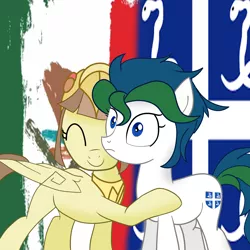 Size: 1500x1500 | Tagged: safe, artist:archooves, derpibooru import, oc, oc:martinique, oc:tailcoatl, ponified, earth pony, pegasus, pony, hug, martinique, mexico, nation ponies