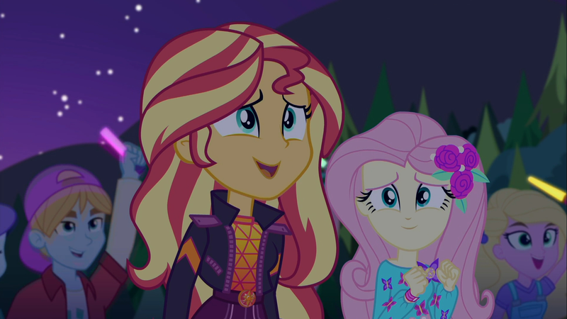 Size: 1918x1080 | Tagged: safe, derpibooru import, edit, edited screencap, screencap, aqua blossom, fluttershy, sandy cerise, sunset shimmer, equestria girls, equestria girls series, the last drop, spoiler:choose your own ending (season 2), spoiler:eqg series (season 2), background human, cropped, female, flower, flower in hair, geode of empathy, geode of fauna, glowstick, magical geodes, male, offscreen character, smiling
