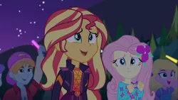 Size: 1918x1080 | Tagged: safe, derpibooru import, edit, edited screencap, screencap, aqua blossom, fluttershy, sandy cerise, sunset shimmer, equestria girls, equestria girls series, the last drop, spoiler:choose your own ending (season 2), spoiler:eqg series (season 2), background human, cropped, female, flower, flower in hair, geode of empathy, geode of fauna, glowstick, magical geodes, male, offscreen character, smiling