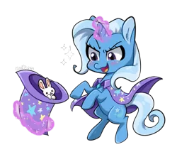 Size: 1347x1151 | Tagged: safe, artist:kaikururu, derpibooru import, trixie, pony, rabbit, animal, cape, chibi, clothes, cute, diatrixes, female, hat, mare, simple background, smiling, transparent background, trixie's cape, trixie's hat