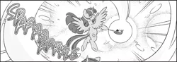 Size: 1822x644 | Tagged: safe, derpibooru import, official, seven seas, twilight sparkle, twilight sparkle (alicorn), alicorn, pony, my little pony: the manga, my little pony: the manga volume 1, spoiler:manga, spoiler:manga1, butt, female, magical girl, manga, mare, monochrome, plot, scepter, transformation, twilight scepter