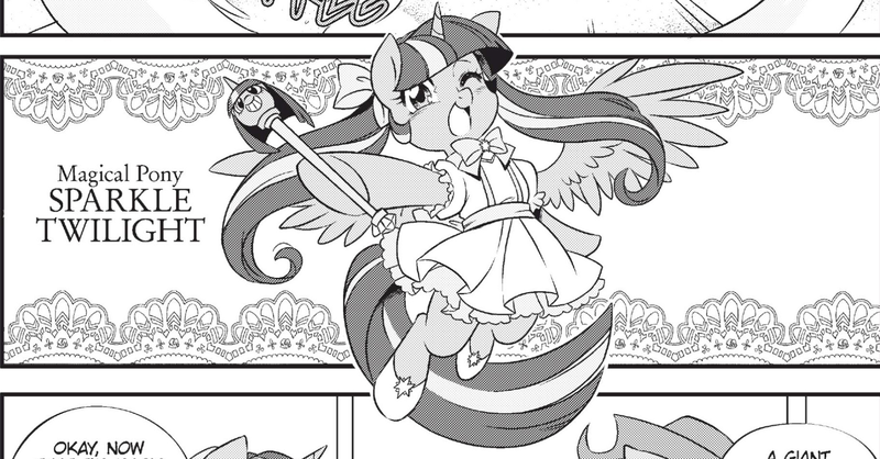 Size: 1820x952 | Tagged: safe, derpibooru import, seven seas, twilight sparkle, twilight sparkle (alicorn), alicorn, pony, my little pony: the manga, my little pony: the manga volume 1, spoiler:manga, spoiler:manga1, clothes, dress, magical girl, manga, monochrome, scepter, transformation, twilight scepter