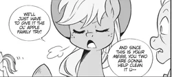 Size: 1400x634 | Tagged: safe, derpibooru import, official, seven seas, applejack, granny smith, earth pony, pony, my little pony: the manga, my little pony: the manga volume 1, spoiler:manga, spoiler:manga1, applejack is not amused, female, manga, mare, monochrome, unamused