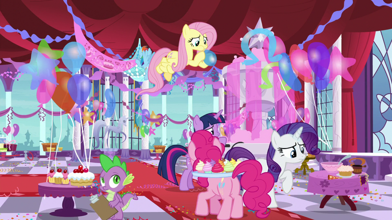 Size: 1920x1080 | Tagged: safe, derpibooru import, screencap, fluttershy, pinkie pie, rarity, spike, twilight sparkle, twilight sparkle (alicorn), alicorn, dragon, earth pony, pegasus, pony, unicorn, between dark and dawn, balloon, blowing up balloons, canterlot, clipboard, confetti, cupcake, female, food, fountain, male, mare, party, ribbon, scenery, statue, streamers