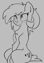 Size: 367x524 | Tagged: safe, artist:lockhe4rt, derpibooru import, oc, oc:anonfilly, unofficial characters only, earth pony, pony, belly fluff, chest fluff, female, filly, freckles, looking up, monochrome, question mark, simple background, sitting, sketch, smiling, smirk, solo, white background