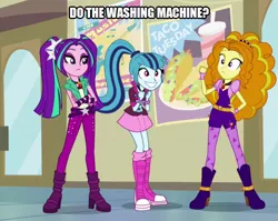 Size: 628x500 | Tagged: safe, derpibooru import, edit, edited screencap, screencap, adagio dazzle, aria blaze, sonata dusk, equestria girls, rainbow rocks, boots, caption, clothes, high heel boots, image macro, leggings, pigtails, ponytail, shoes, skirt, socks, taco tuesday, text, the dazzlings, twintails