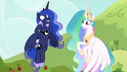 Size: 1920x1080 | Tagged: safe, derpibooru import, screencap, princess celestia, princess luna, alicorn, pony, between dark and dawn, duo, ethereal mane, female, flying, grin, mare, royal sisters, siblings, sisters, smiling, starry mane