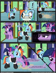 Size: 4000x5200 | Tagged: safe, artist:nightmaremoons, derpibooru import, pinkie pie, rainbow dash, twilight sparkle, twilight sparkle (alicorn), alicorn, pony, alcohol, angry, butt, cider, clothes, comic, dashsub, dialogue, exclamation point, female, femdom, femsub, food, funny, grammar error, lesbian, maid, mare, mistress, mouth hold, plot, question mark, shipping, show accurate, submissive, tray, twidash, twidom, voyeurism, when you see it
