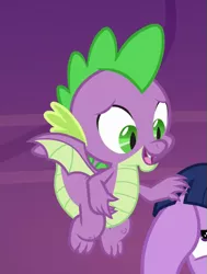 Size: 403x532 | Tagged: alicorn, between dark and dawn, claws, comforting, cropped, derpibooru import, dragon, flying, male, offscreen character, safe, screencap, spike, spread wings, toes, twilight sparkle, twilight sparkle (alicorn), winged spike, wings