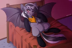 Size: 1485x1004 | Tagged: safe, artist:kikuri-tan, deleted from derpibooru, derpibooru import, oc, oc:stormdancer, bat pony, semi-anthro, bandana, bat pony oc, bat wings, bed, bedroom, clothes, cute, full body, one eye closed, red eyes, socks, spread wings, wings, wink