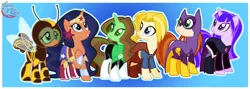 Size: 2963x1050 | Tagged: safe, artist:nsmah, derpibooru import, ponified, earth pony, pegasus, pony, unicorn, armor, base used, batgirl, belt, boots, bumblebee, cape, clothes, dc comics, dc superhero girls, ear piercing, earring, female, green lantern, jewelry, lasso, lasso of truth, mare, mask, piercing, raised hoof, rope, shoes, skirt, supergirl, wonder woman, zatanna