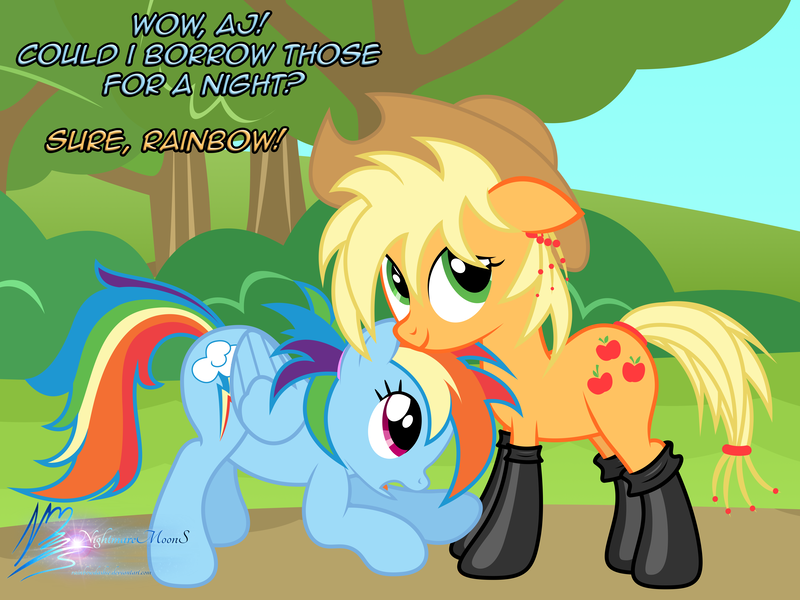 Size: 8000x6000 | Tagged: suggestive, artist:nightmaremoons, derpibooru import, applejack, rainbow dash, pony, alternate hairstyle, appledash, boots, clothes, dialogue, female, fireproof boots, lesbian, shipping, shoes, show accurate