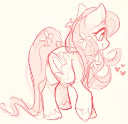 Size: 1280x1243 | Tagged: safe, artist:fawnshy, derpibooru import, fluttershy, pegasus, pony, female, flower, flower in hair, heart, mare, monochrome, raised hoof, simple background, sketch, smiling, solo, white background