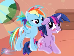 Size: 8000x6000 | Tagged: suggestive, artist:nightmaremoons, derpibooru import, rainbow dash, twilight sparkle, pegasus, pony, unicorn, alternate hairstyle, bedroom eyes, blushing, ear licking, embarrassed, female, golden oaks library, grin, lesbian, licking, ponytail, shipping, show accurate, show accurate porn, smiling, sunlight, sunshine, tongue out, twidash