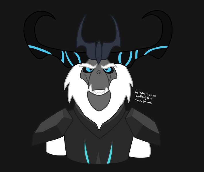 Size: 2402x2028 | Tagged: antagonist, armor, artist:yoshiknight2, bust, crown, dark background, derpibooru import, evil grin, grin, horns, jewelry, my little pony: the movie, portrait, regalia, safe, simple background, smiling, solo, storm king, yeti