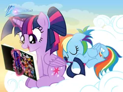 Size: 8000x6000 | Tagged: safe, artist:nightmaremoons, derpibooru import, rainbow dash, twilight sparkle, twilight sparkle (alicorn), alicorn, pony, absurd resolution, alternate hairstyle, book, cloud, duo, open mouth, show accurate, sleeping
