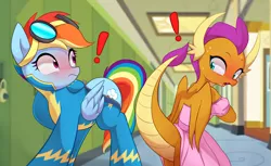 Size: 3072x1874 | Tagged: safe, artist:maren, derpibooru import, rainbow dash, smolder, dragon, pegasus, pony, blushing, butt, caught, clothes, commission, dragoness, duo, duo female, exclamation point, female, goggles, hallway, high res, mare, open mouth, plot, princess smolder, rainbutt dash, raised tail, school, school of friendship, smolder also dresses in style, smolderriere, sweat, tail, undressing, uniform, wardrobe malfunction, we don't normally wear clothes, wonderbolts uniform