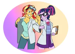 Size: 2340x1672 | Tagged: safe, artist:stratus35, derpibooru import, sci-twi, sunset shimmer, twilight sparkle, human, equestria girls, best friends, bowtie, clipboard, clothes, cute, dress, duo, experiment, female, genius, glasses, grin, lab coat, lesbian, pleated skirt, ponytail, safety goggles, scitwishimmer, shimmerbetes, shipping, skirt, smiling, sunsetsparkle, twiabetes