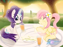 Size: 8000x6000 | Tagged: safe, artist:nightmaremoons, derpibooru import, fluttershy, rarity, alternate hairstyle, cute, female, flarity, flower, flower in hair, food, friendshipping, juice, lesbian, picnic, raribetes, sandwich, shipping, shyabetes, sunset, tree