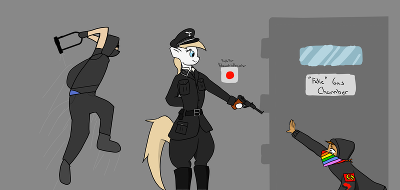 Size: 6092x2893 | Tagged: anthro, antifa, arm hooves, artist:anonymous, aryan, aryan pony, bike lock, blonde, clothes, derpibooru import, edit, editor:c00lguy, eric clanton, execution, female, gas chamber, gun, hat, high res, human, imminent death, in the air, jumping, military, /mlpol/, nazi, nazipone, oc, oc:aryanne, politics, semi-grimdark, swing, this will end in critical hit, u lock, weapon