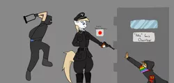 Size: 6092x2893 | Tagged: anthro, antifa, arm hooves, artist:anonymous, aryan, aryan pony, bike lock, blonde, clothes, derpibooru import, edit, editor:c00lguy, eric clanton, execution, female, gas chamber, gun, hat, high res, human, imminent death, in the air, jumping, military, /mlpol/, nazi, nazipone, oc, oc:aryanne, politics, semi-grimdark, swing, this will end in critical hit, u lock, weapon