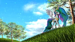 Size: 7850x4415 | Tagged: safe, artist:backmaker, derpibooru import, princess celestia, pony, 3d, looking at you, nature, sky, solo, source filmmaker, tree, walking