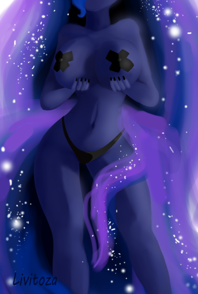 Size: 5000x7400 | Tagged: absurd resolution, anthro, artist:livitoza, belly button, big breasts, breast grab, breast hold, breasts, busty princess luna, clothes, derpibooru import, female, grope, nail polish, nipple tape, nudity, panties, pasties, princess luna, questionable, solo, solo female, tape, underwear