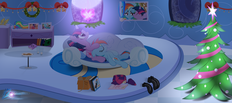 Size: 10320x4600 | Tagged: safe, artist:nightmaremoons, derpibooru import, rainbow dash, twilight sparkle, absurd resolution, book, christmas, christmas tree, christmas wreath, clothes, cookie, couch, duo, female, food, holiday, lesbian, milk, scarf, shipping, show accurate, sleeping, socks, tree, twidash, window, wreath