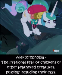 Size: 1090x1324 | Tagged: adorable distress, alektorophobia, alicorn, backpack, between dark and dawn, bird, bush, celestia fears chickens, chicken, cropped, cute, definition, derpibooru import, edit, edited screencap, editor:leonidus, everfree forest, fear, flower, flowing mane, phobia, princess celestia, rooster, safe, scared, screencap, text, tree