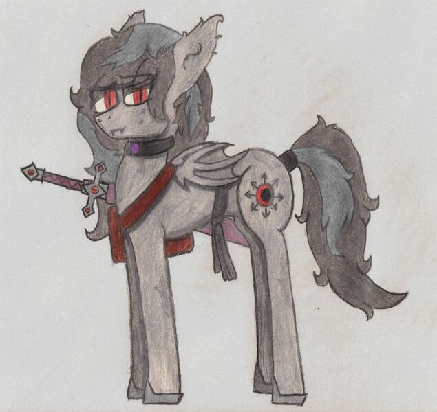 Size: 1361x1286 | Tagged: safe, artist:infinita est lux solis, derpibooru import, oc, oc:ink carmine, bat pony, pony, bag, collar, enhanced traditional art, mailbag, sash, sword, traditional art, weapon