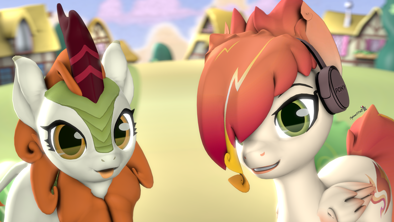 Size: 1920x1080 | Tagged: safe, artist:spinostud, derpibooru import, autumn blaze, oc, oc:tomyum, kirin, pegasus, pony, 3d, duo, female, gift art, headphones, looking at you, smiling, source filmmaker, tongue out