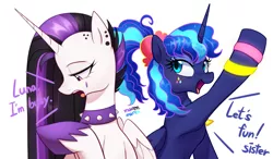 Size: 4346x2541 | Tagged: safe, artist:maren, derpibooru import, princess celestia, princess luna, alicorn, pony, between dark and dawn, 80s princess luna, alternate hairstyle, collar, dialogue, duo, emo, emolestia, female, goth, grammar error, punklestia, simple background, spiked collar, white background