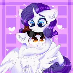 Size: 2000x2000 | Tagged: safe, artist:etoz, derpibooru import, rarity, oc, pegasus, pony, unicorn, abstract background, blushing, canon x oc, commission, cute, heart, horn, hug, shipping, smiling, wingding eyes, wings