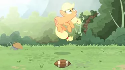 Size: 1702x957 | Tagged: safe, artist:brutalweather studio, derpibooru import, screencap, applejack, pony, ponyville's incident, american football, cartoon physics, derp, forest, great moments in animation, midair, show accurate, sports, stretching, this isn't even my final form