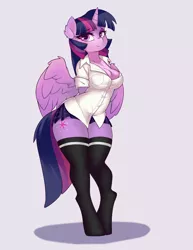 Size: 773x1000 | Tagged: alicorn, anthro, arm behind back, artist:iloota, breasts, busty twilight sparkle, cleavage, cleavage fluff, clothes, derpibooru import, dork, female, looking at you, mare, miniskirt, moe, plaid skirt, pleated skirt, sexy, shirt, simple background, skirt, smiling, socks, solo, solo female, suggestive, thigh highs, thighlight sparkle, thighs, thunder thighs, transparent background, twilight sparkle, twilight sparkle (alicorn), unguligrade anthro, wide hips, zettai ryouiki