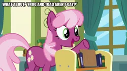 Size: 800x450 | Tagged: safe, derpibooru import, edit, edited screencap, screencap, cheerilee, earth pony, pony, a flurry of emotions, book, caption, children's book, frog and toad, image macro, ponyville schoolhouse, reading, school, solo, text, window