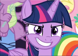 Size: 1310x942 | Tagged: safe, derpibooru import, screencap, fluttershy, rainbow dash, spike, twilight sparkle, twilight sparkle (alicorn), alicorn, dragon, pegasus, pony, between dark and dawn, close-up, cropped, determined, evil grin, female, grin, male, mare, smiling, solo focus, teeth, winged spike