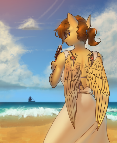 Size: 2000x2438 | Tagged: anthro, artist:klooda, beach, boat, clothes, cloud, commission, derpibooru import, dress, eating, female, food, ice cream, looking at you, looking back, looking back at you, mare, oc, ocean, oc:soaring heart, pegasus, ponytail, safe, sailboat, sand, solo, sunglasses, sunny, unofficial characters only, wave, wings, ych result