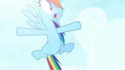 Size: 1702x957 | Tagged: safe, artist:brutalweather studio, derpibooru import, screencap, rainbow dash, pony, belly, cloud, derp, featureless crotch, flying, great moments in animation, midair, scared, shocked, show accurate, sky, spread legs, spreading, wide eyes, wide hips