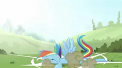 Size: 1702x957 | Tagged: safe, artist:brutalweather studio, derpibooru import, screencap, rainbow dash, pony, ponyville's incident, abuse, cartoon physics, dashabuse, derp, falling, freefall, great moments in animation, show accurate, smack, this is going to hurt