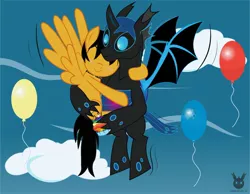 Size: 2002x1557 | Tagged: safe, artist:wheatley r.h., derpibooru import, oc, oc:rito, oc:w. rhinestone eyes, unofficial characters only, changeling, pegasus, pony, balloon, bat wings, birthday, birthday candles, birthday cupcake, birthday gift art, black hair, blue blush, blue changeling, blue eyes, blue hair, blue sky, blushing, changeling oc, choker, claws, clothes, cloud, collar, cupcake, eyes closed, flying, food, grab, hair over one eye, happy, horn, hug, looking down, love, male, messy tail, orange skin, pegasus oc, pegasus wings, rainbow cupcake, single panel, sky, smiling, soft, spiked choker, spiked collar, spread wings, stallion, tail, vector, watermark, white berry, wings