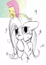 Size: 1200x1700 | Tagged: safe, artist:yuris, derpibooru import, fluttershy, pegasus, pony, hurricane fluttershy, bust, cute, dandelion, ear fluff, female, floppy ears, hooves to the chest, looking at you, mare, portrait, scene interpretation, screencap reference, shy, shyabetes, sketch, smiling, solo, stray strand, three quarter view