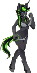 Size: 1550x3000 | Tagged: suggestive, artist:breioom, derpibooru import, oc, oc:vortex zero, unofficial characters only, anthro, unguligrade anthro, unicorn, bra, breasts, clothes, female, gray underwear, horn, nudity, rule 63, smiling, smirk, solo, squishy breasts, teasing, underwear, undressing, unicorn oc
