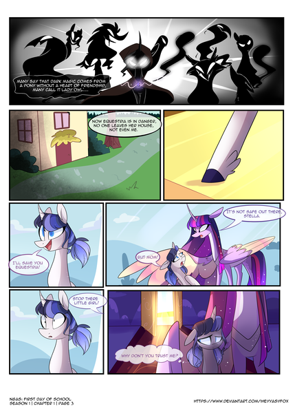 Size: 3500x4900 | Tagged: safe, artist:iheyyasyfox, derpibooru import, twilight sparkle, twilight sparkle (alicorn), oc, oc:stella alba nyx, alicorn, pony, comic:first day of school, cloak, clothes, female, filly, mare, mother and child, mother and daughter, offspring, parent:flash sentry, parent:twilight sparkle, parents:flashlight