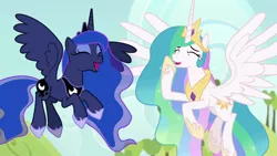 Size: 1920x1080 | Tagged: safe, derpibooru import, screencap, princess celestia, princess luna, alicorn, pony, between dark and dawn, chestplate, crown, cute, cutelestia, duo, ethereal mane, ethereal tail, eyeliner, eyes closed, female, flowing mane, flowing tail, flying, hoof shoes, jewelry, laughing, lunabetes, makeup, mare, multicolored mane, multicolored tail, peytral, regalia, royal sisters, siblings, sisters, spread wings, starry mane, wings