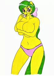 Size: 2464x3497 | Tagged: adorasexy, anthro, artist:killerteddybear94, belly button, big breasts, breasts, breast squeeze, clothes, covering breasts, cute, derpibooru import, female, frilly underwear, glasses, green hair, huge breasts, looking at you, milf, oc, oc:mango's mom, open mouth, panties, pink underwear, plump, ponytail, sexy, slightly chubby, smiling, suggestive, traditional art, underwear